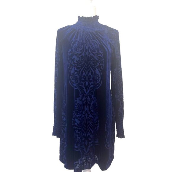 Alexa Admor Blue Velvet Burn Out Pattern Dress Long Sleeve High Neck Size Large - Picture 2 of 9